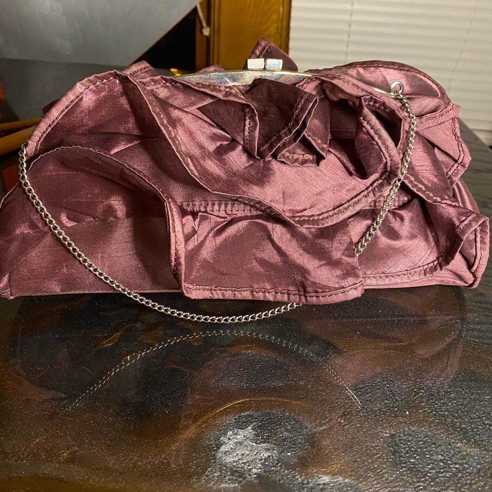 BCBG Burgunday Purple ruffled Satin clutch / purse